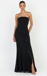 Leda Maxi Dress - Strapless Waterfall Sash Dress in Black