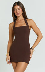 Zahra Mini Dress - Halter Tie Square Neck Bodycon Dress in Chocolate