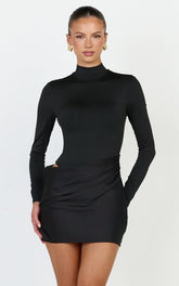 Naomi Mini Dress - Long Sleeve Draped Skirt Dress in Black