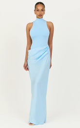 Elodie Maxi Dress - High Neck Draped Overlay Dress in Light Blue