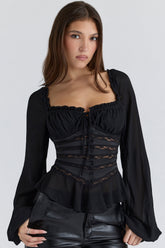 Black Long Sleeve Georgette Peplum Top