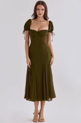 Olive Chiffon Puff Sleeve Midi Dress
