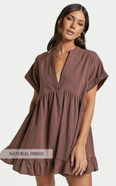 Calissa Mini Dress - Frill Hem Smock Dress in Chocolate