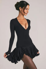 V-Neck Ruffle Skirt Mini Dress in Black