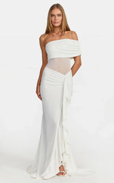Hallie Maxi Dress - One Shoulder Flounce Dress With Leg Split And Sheer Panel in White