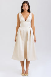 Vintage Cream Satin Pleated Midi Dress