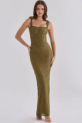 Olive Lace Scallop Trim Maxi Dress