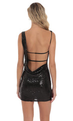 Sequin High Neck Open Back Dress in Black