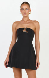 Aurea Mini Dress - Strapless Structured Gold Trim Dress in Black