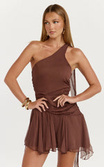 Jett Mini Dress - Scarf Neck Asymmetric Hemline Georgette Dress in Chocolate
