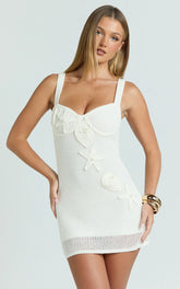 Silvena Mini Dress - Sheer Crochet Knit With Crochet Seashells Dress in Off White