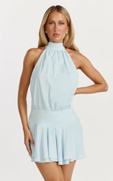 Thea Mini Dress - Backless Halter Dress in Pale Blue