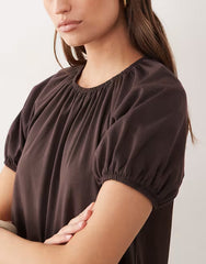 puff sleeve mini dress with gathering details in chocolate
