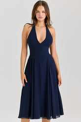 Navy Georgette Halter Midi Dress