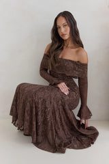 Here For Love Off Shoulder Mesh Maxi Dress Chocolate