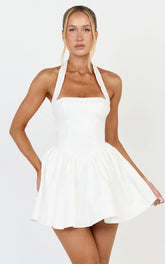 Helda Mini Dress - Halter Tie Neck Corset Panel Dress in White