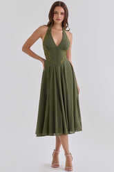 Olive Georgette + Lace Placement Halter Neck Midi Dress