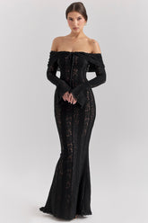 Black Off Shoulder Floral Lace Maxi Dress