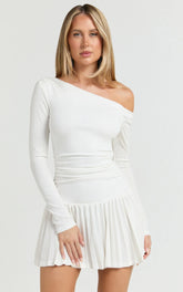 Presley Mini Dress - One Shoulder Ruched Side Pleated Fit And Flare Dress in Cream