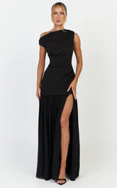 Azure Maxi Dress - Tipped Shoulder Dress With Tuck Detail and Leg Split in Black