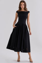 Black Custom Cotton Broderie Anglaise Boat Neck Maxi Dress