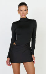 Naomi Mini Dress - Long Sleeve Draped Skirt Dress in Black