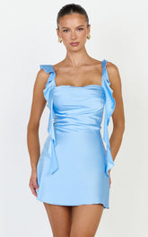 Belrose Mini Dress - Satin Square Neck Ruffle Front Bodycon Dress in Light Blue