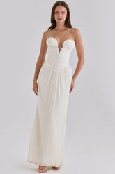 White Chiffon Micro Pleat Strapless Maxi Gown