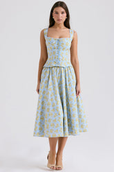 Soft Blue Vintage Floral Print Cotton Midi Skirt