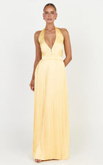 Kayla Maxi Dress - Plunge Neckline Pleated Halter Dress in Butter Yellow
