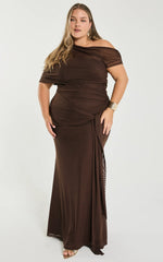 Nicolette Maxi Dress - Cape Sleeve Off Shoulder Dress in Chocolate