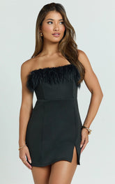 Rhaiza Mini Dress - Faux Feather Trim Strapless Dress in Black