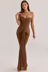 Bronze Shimmer Chiffon + Mesh Strapless Maxi Dress