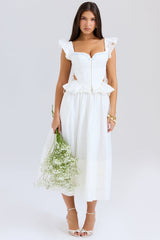 White Embroidered Cotton Peplum Corset Top