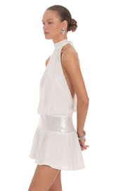 Halter Sequin Waist Mini Dress in White