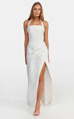 Amber Maxi Dress - Corset Bodice Draped Skirt Halter Dress in White