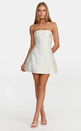 Rosalie Mini Dress - Strapless Jacquard Floral Mini Dress in White