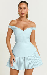 Izara Mini Dress - Off Shoulder Pleated Dress in Blue