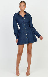 Amaris Mini Dress - Long Sleeve Corset Shirt Dress in Dark Blue Wash