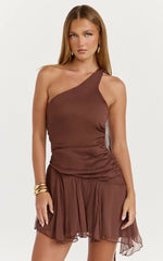 Jett Mini Dress - Scarf Neck Asymmetric Hemline Georgette Dress in Chocolate