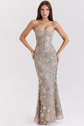 Silver Embellished Beaded Corset Maxi Dress