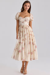 Ivory Vintage Rose Print Chiffon Midi Dress