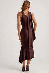 Asymmetric Scarf-Detail Midaxi Dress in Chocolate Brown