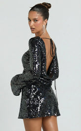 Bertina Mini Dress - Sequin Scoop Neck Low Back Dress in Black