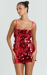 Wilfreda Mini Dress - Sequin Square Neck Bodycon Dress in Red
