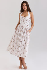 Cream Floral Print Stretch Cotton Halter Neck Midi Dress