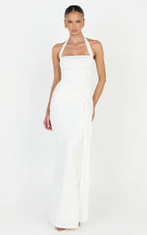 Amaya Maxi Dress - Draped Sash Halter Dress in White