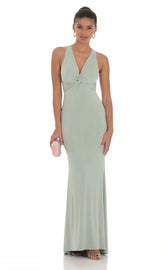 Front Twist V-Neck Maxi Dress in Sage