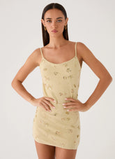 Levanna Beaded Sequin Mini Dress - Pale Olive