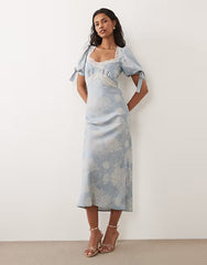 Hope & Ivy satin jacquard lace trim tie sleeve midi dress in pale blue